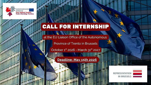 © Canva/Euregio Das Plakat zeigt im Hintergrund wehende Flaggen der Europäischen Union und im Vordergrund die Details zur Bewerbung für das Praktikum.