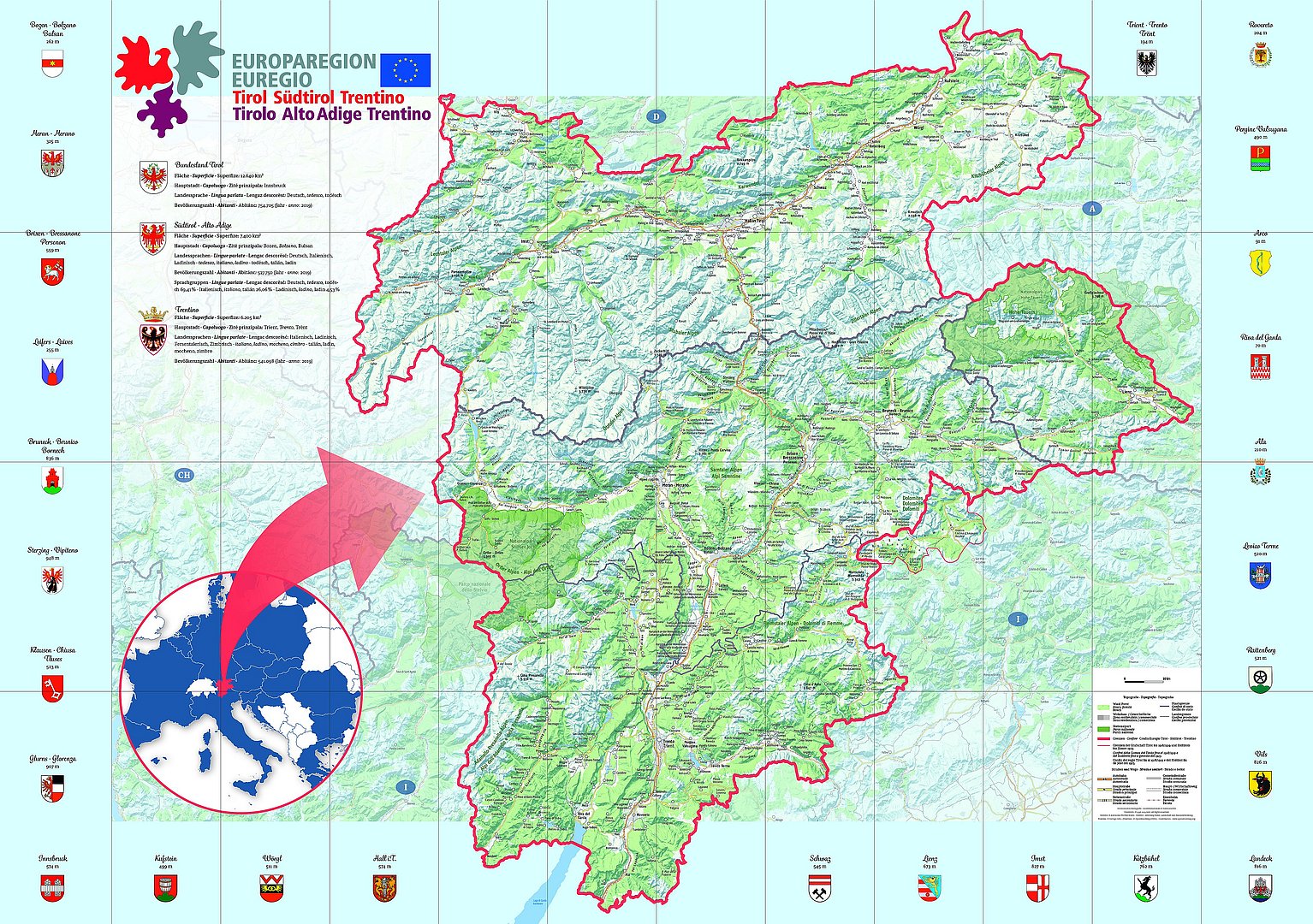 Cartina geografica Euregio Tirolo-Alto Adige-Trentino