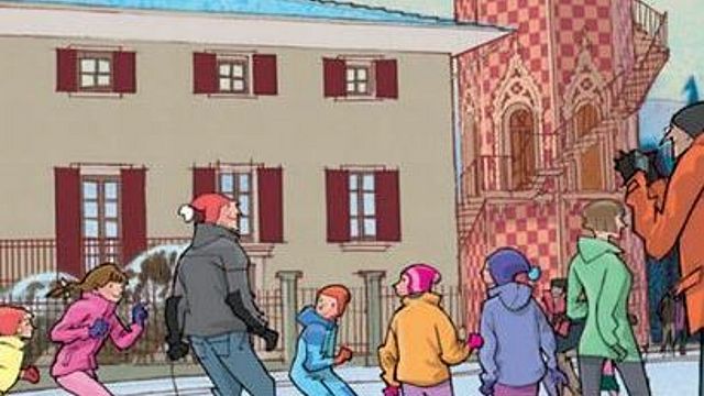 Zeichentrickformat: Kinder ziehen an einem Wintertag Gegenstände hinter sich her, die in den Straßen Lärm erzeugen sollen.