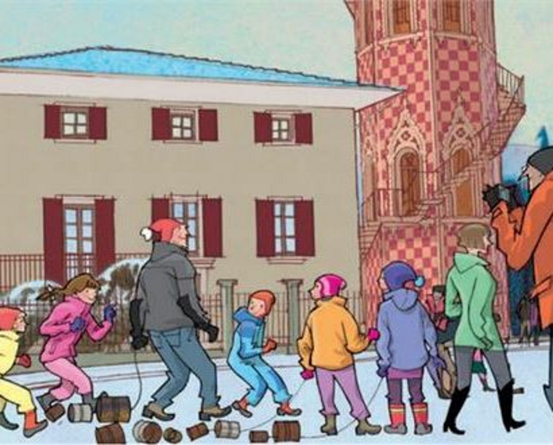 Zeichentrickformat: Kinder ziehen an einem Wintertag Gegenstände hinter sich her, die in den Straßen Lärm erzeugen sollen.