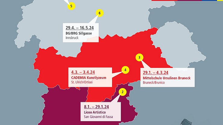 Mappa dell'Euregio con le sedi espositive nel 2025 della mostra itinerante “Storie di corpo" nell'ambito del progetto scolastico EuregioKIDS