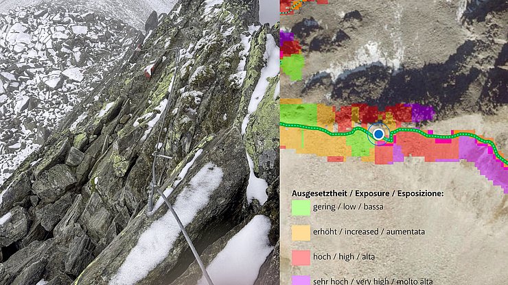 Il modello GIS incontra la realtà: il prototipo del livello delle conseguenze si basa su un modello digitale del terreno e sulla geometria dei percorsi. La versione attuale rappresenta l’esposizione di un tratto di percorso in quattro classi. Maggiori informazioni saranno disponibili nell’autunno 2025.