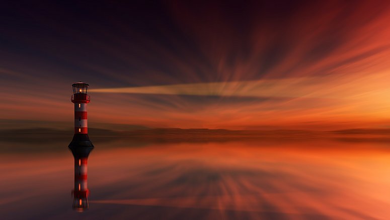 faro in mezzo al mare punta la luce verso un tramonto all'orizzonte. 