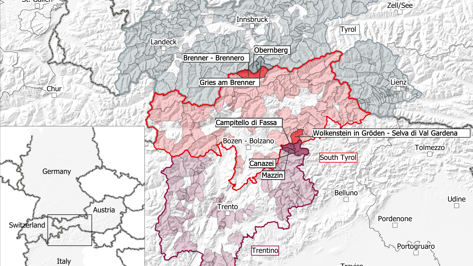 Le aree pilota transfrontaliere: “Brennero” con le Commissioni di Brennero, Gries am Brenner e Obernberg e “Passo Sella” con le Commissioni di Canazei, Mazzin, Campitello di Fassa e Selva Gardena.