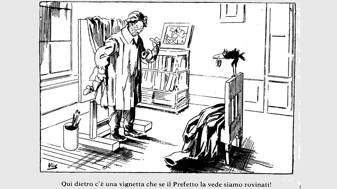 Il Becco Giallo war eine italienische satirische Zeitschrift, die in dieser Karikatur die Zensur thematisiert; „Wenn der Präfekt die Karikatur hier hinten sieht, sind wir erledigt.“