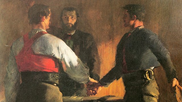 „Il giuramento dei tre": da sinistra Peter Mayr, Martin Schenk e Peter Kemenater suggellano il loro patto di resistenza.