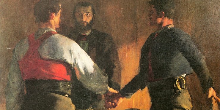 „Der Schwur der Drei“: v. l. Peter Mayr, Martin Schenk und Peter Kemenater beschwören ihren gemeinsamen Widerstand.