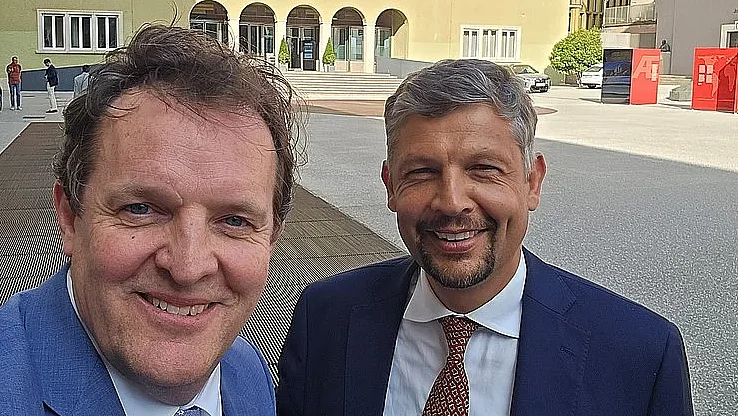 Der Tiroler Landesrat für Mobilität, René Zumtobel und sein Südtiroler Amtskollege Daniel Alfreider.
