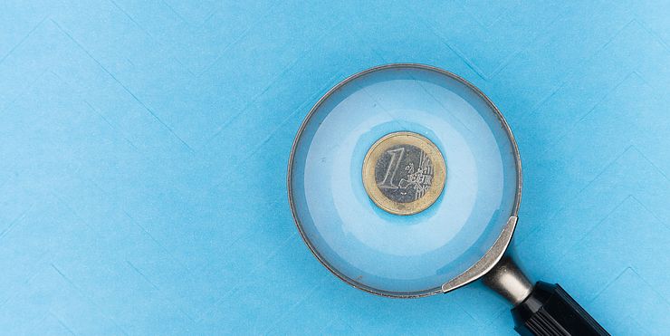 Lupe, die auf eine Euromünze zeigt
