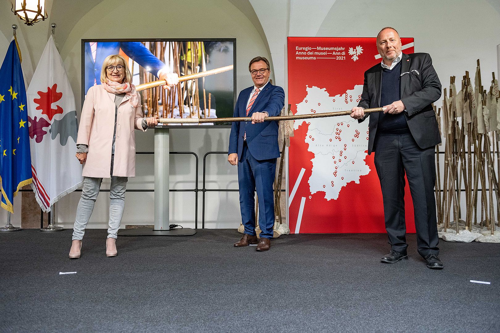Palfrader, Platter und Assmann bei der Eröffnung des Euregio-Museumsjahres 2021