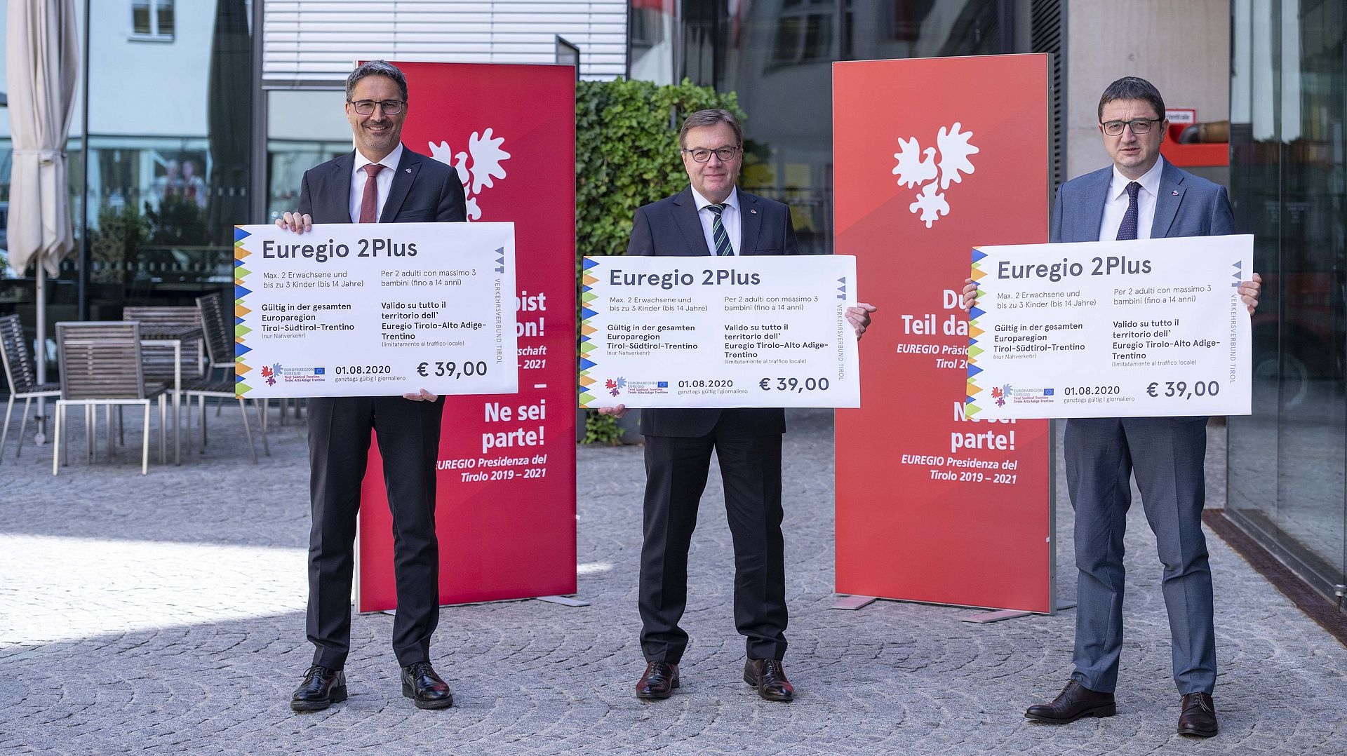 Presentazione Biglietto Euregio2Plus: Arno Kompatscher, Günther Platter, Maurizio Fugatti (da sin)