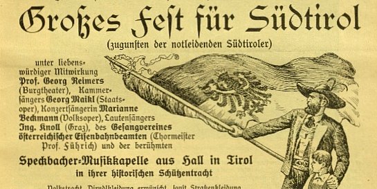 In seiner Vereinszeitschrift kündigte der Österreichische Gebirgsverein das „Große Fest für Südtirol (zugunsten notleidender Südtiroler)“ an