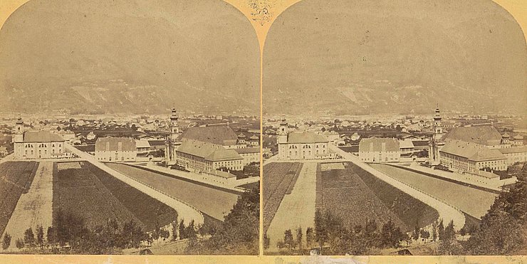 Stereographie, Ansicht vom Iselberg 1860-1880, im Vordergrund die Basilika und das Stift Wilten