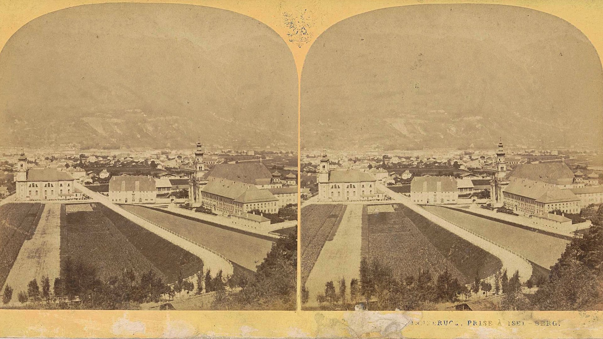 Stereographie, Ansicht vom Iselberg 1860-1880, im Vordergrund die Basilika und das Stift Wilten