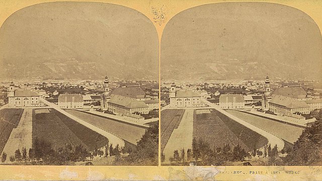 Stereografia, veduta del Bergisel 1860–1880, in primo piano la basilica e il monastero di Wilten