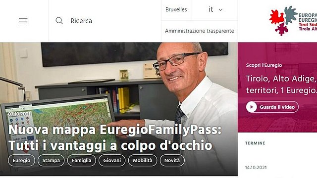 Screenshot nuovo sito web dell'Euregio
