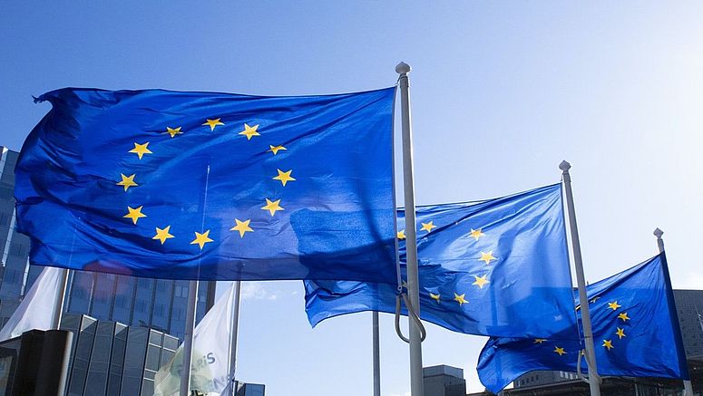 Das Bild zeigt drei wehende Flaggen der Europäischen 