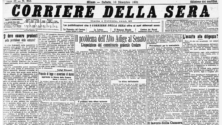 Die Südtirolfrage auf der Titelseite des "Corriere della sera" vom 10. Dezember 1921 