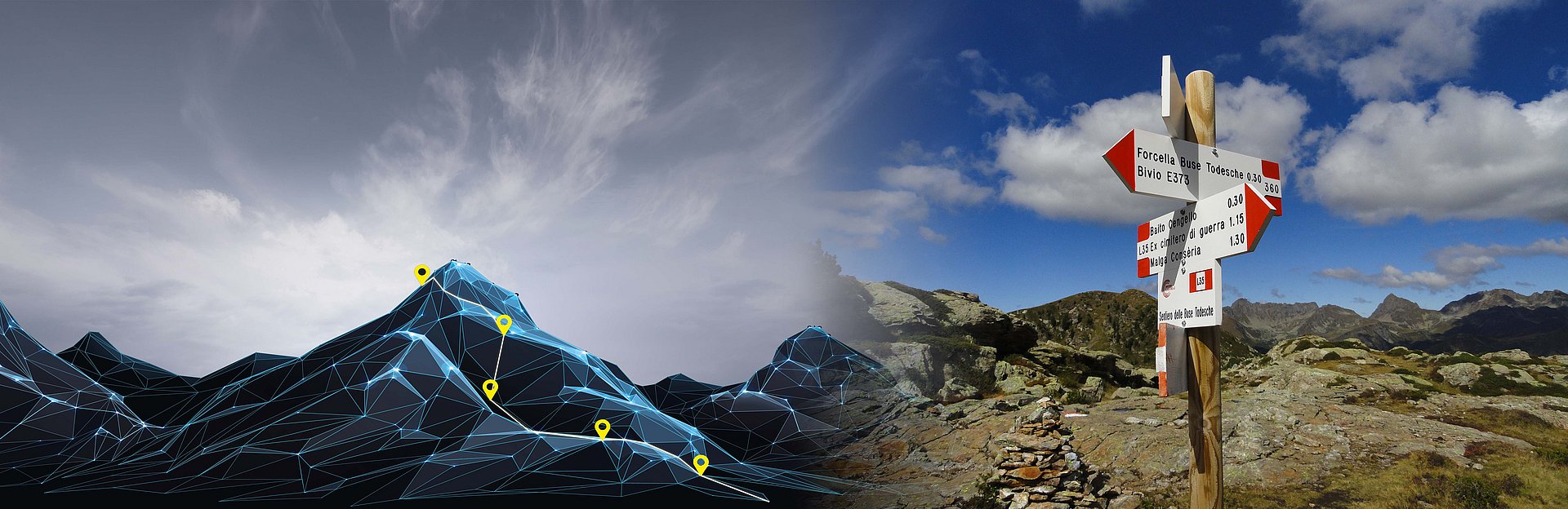 DIGIWAY image / logo; mountain with digital track and sign of hiking trails