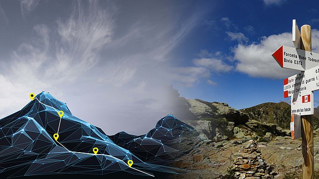 DIGIWAY image / logo; mountain with digital track and sign of hiking trails