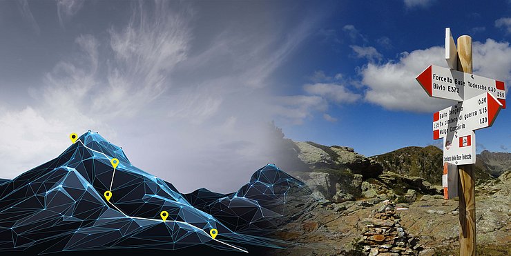 DIGIWAY image / logo; mountain with digital track and sign of hiking trails