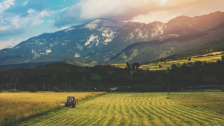 Berglandschaft mit einem mähenden Traktor.