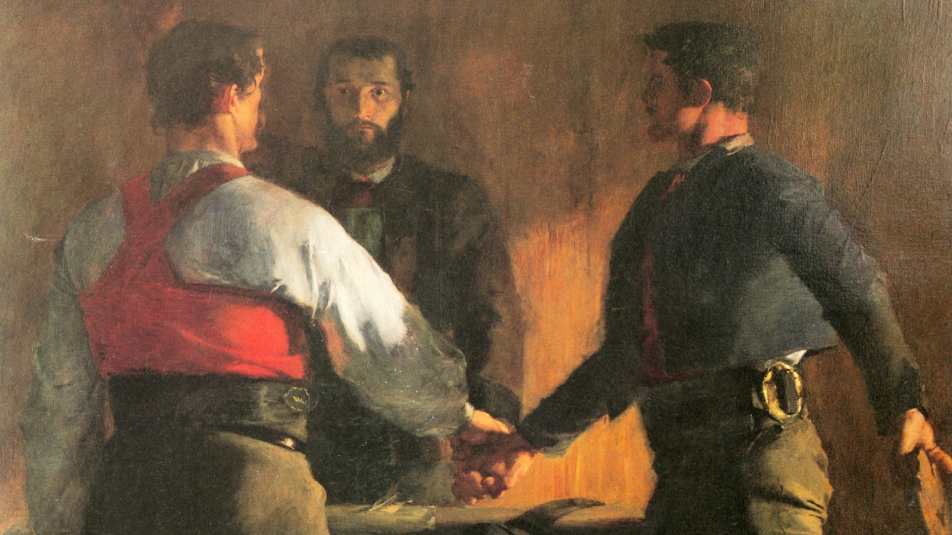 „Der Schwur der Drei“: v. l. Peter Mayr, Martin Schenk und Peter Kemenater beschwören ihren gemeinsamen Widerstand.