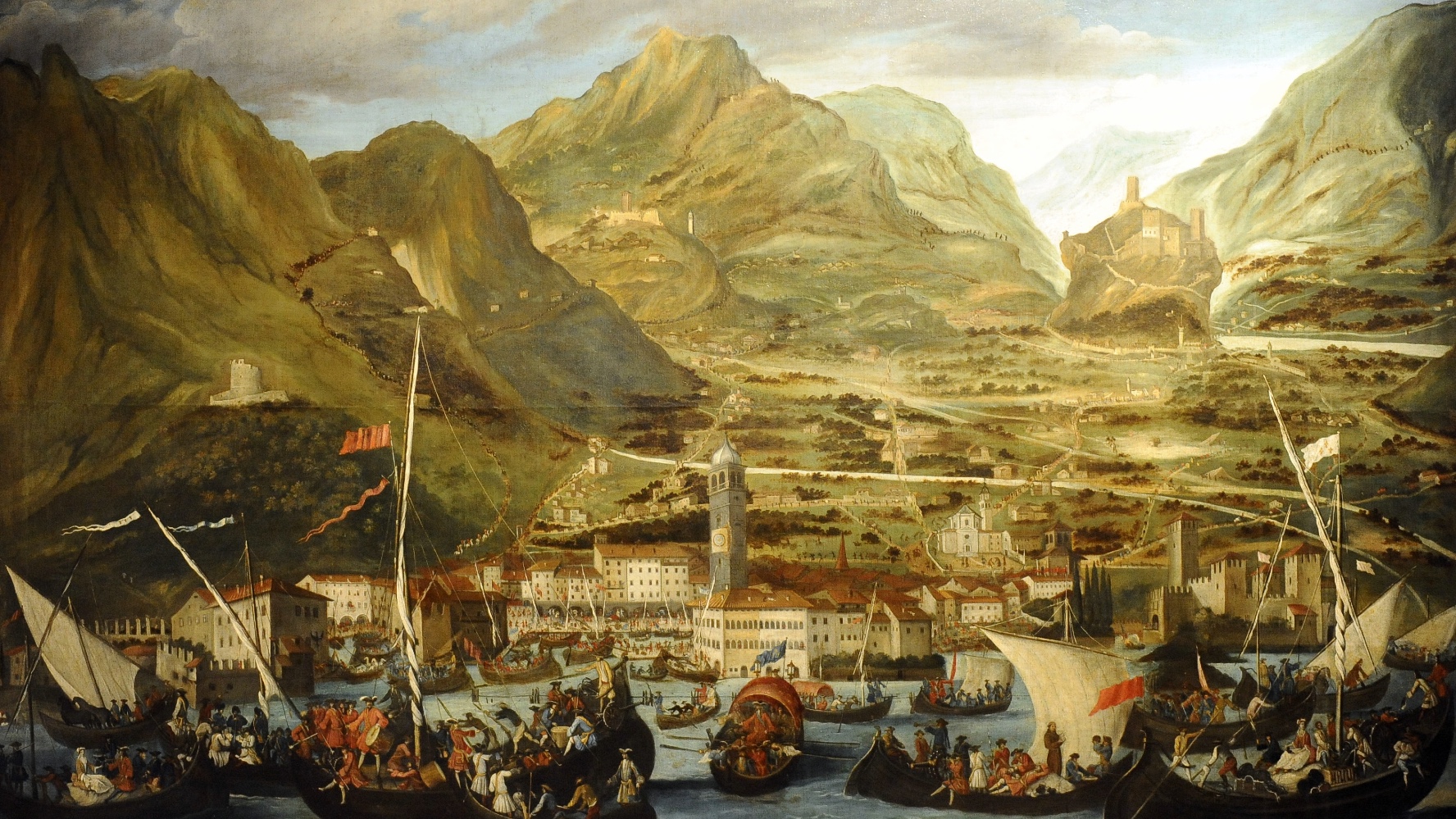 Die Abreise des Generals Vendôme von Riva, Ölgemälde aus der Zeit zwischen 1704 und 1728; in der Bildmitte zwischen dem Castello di Arco (rechts) und dem Castello di Tenno ist der Dosso di San Bartolomeo abgebildet.