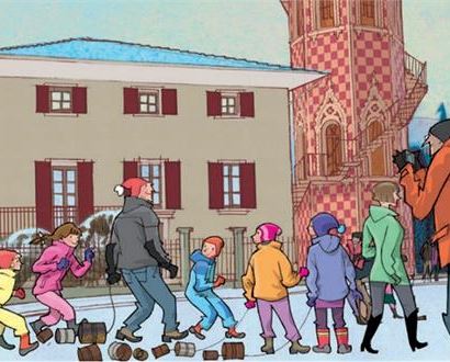 Zeichentrickformat: Kinder ziehen an einem Wintertag Gegenstände hinter sich her, die in den Straßen Lärm erzeugen sollen.